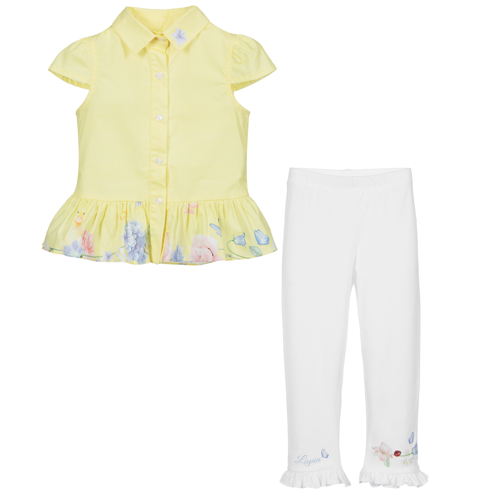Lapin House-طقم ليغنغز وبلوز قطن جيرسي لون أصفر وأبيض للبنات | Childrensalon Outlet
