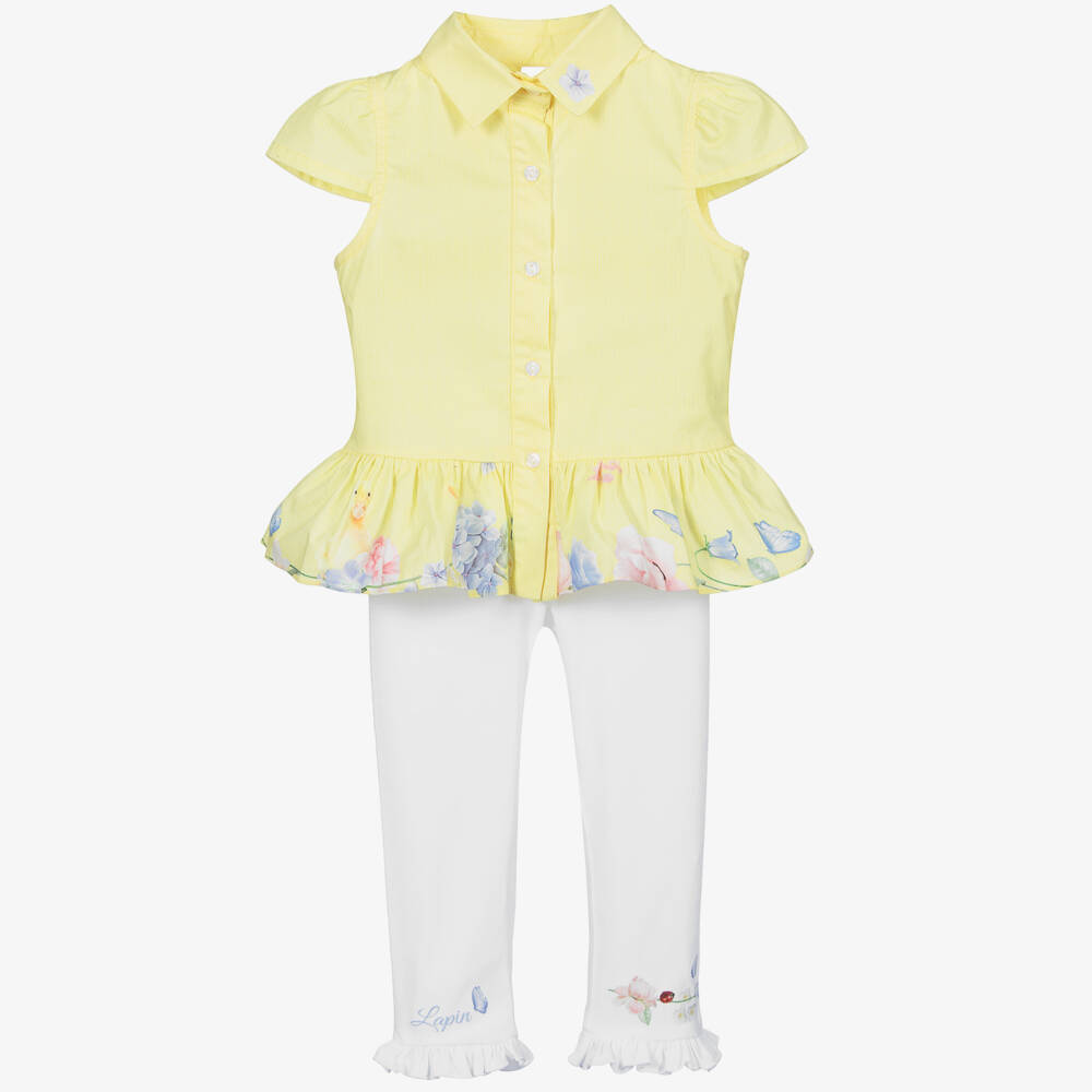 Lapin House-طقم ليغنغز وبلوز قطن جيرسي لون أصفر وأبيض للبنات | Childrensalon Outlet