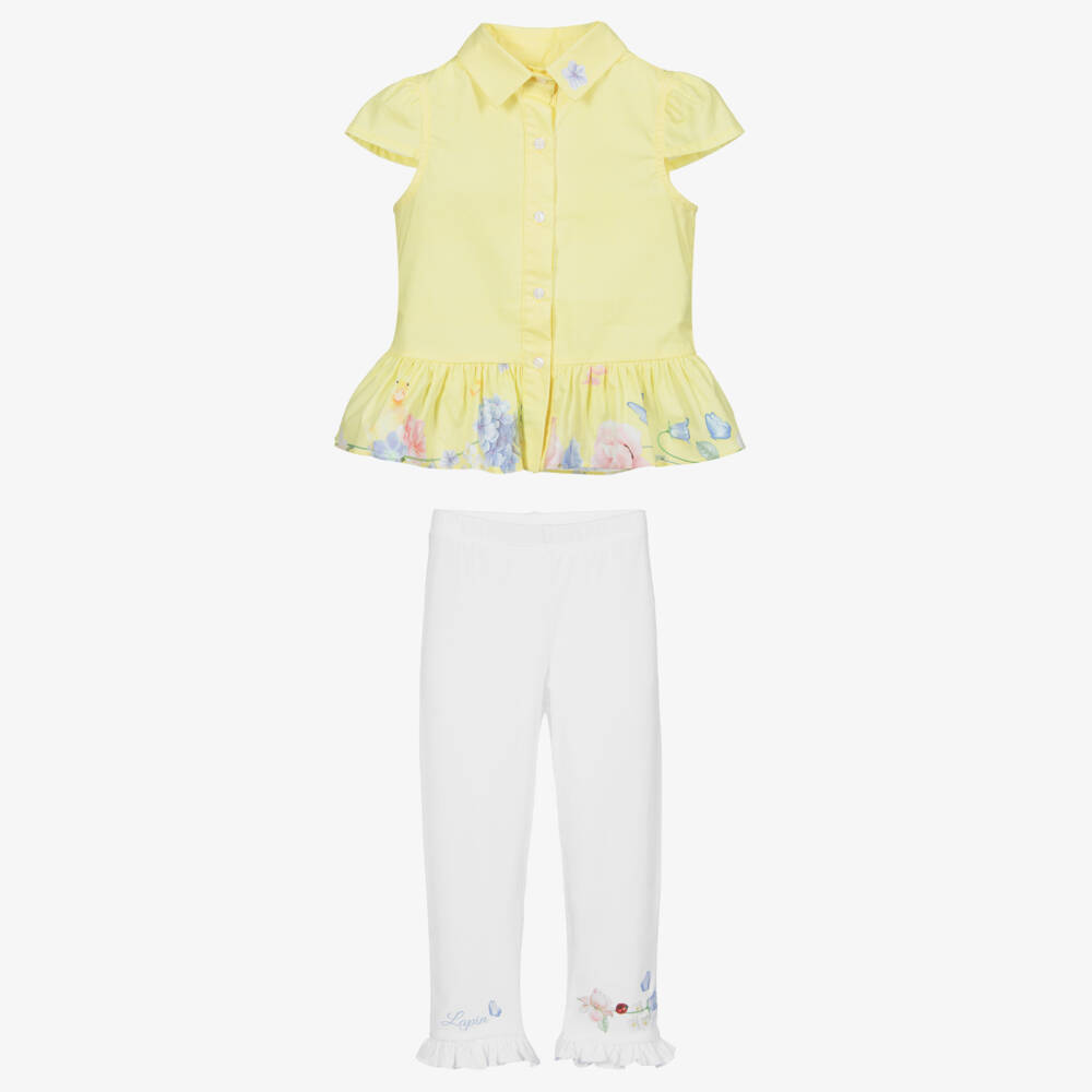 Lapin House-طقم ليغنغز وبلوز قطن جيرسي لون أصفر وأبيض للبنات | Childrensalon Outlet