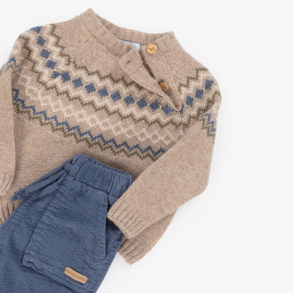 Laranjinha-Baby Boys Beige & Blue Corduroy Trouser Set | Childrensalon Outlet