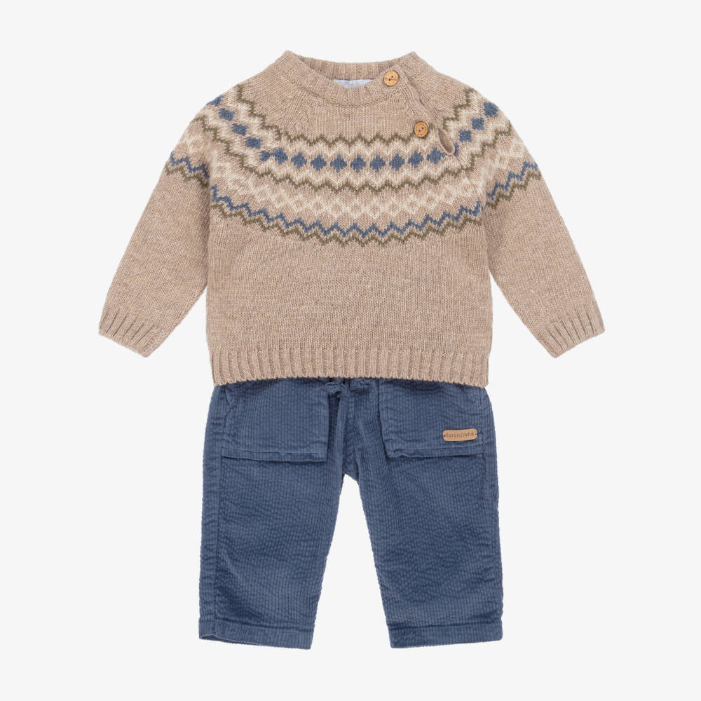Laranjinha-Baby Boys Beige & Blue Corduroy Trouser Set | Childrensalon Outlet