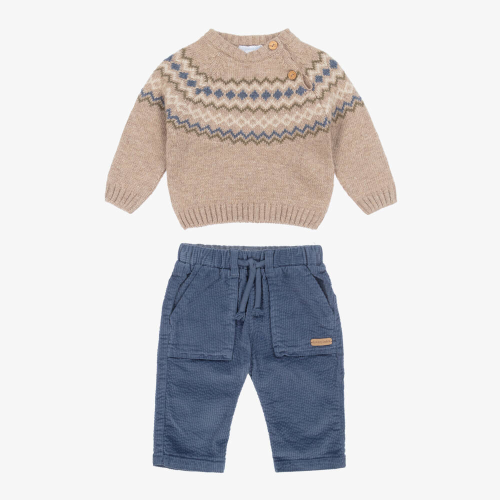 Laranjinha-Baby Boys Beige & Blue Corduroy Trouser Set | Childrensalon Outlet