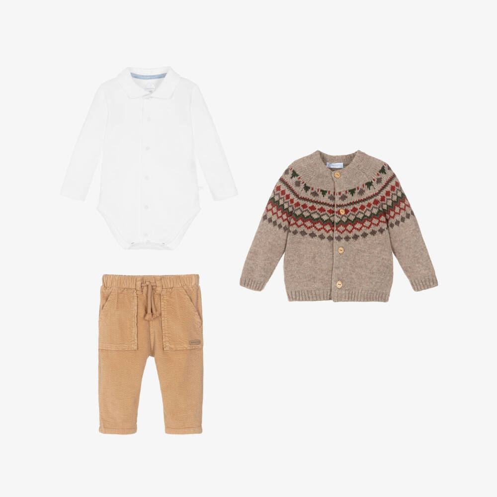 Laranjinha-Baby Boys Beige Fair Isle Cardigan, Bodysuit & Trouser Set | Childrensalon Outlet