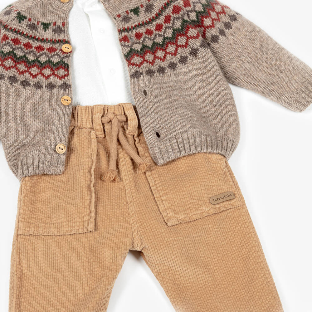 Laranjinha-Baby Boys Beige Fair Isle Cardigan, Bodysuit & Trouser Set | Childrensalon Outlet
