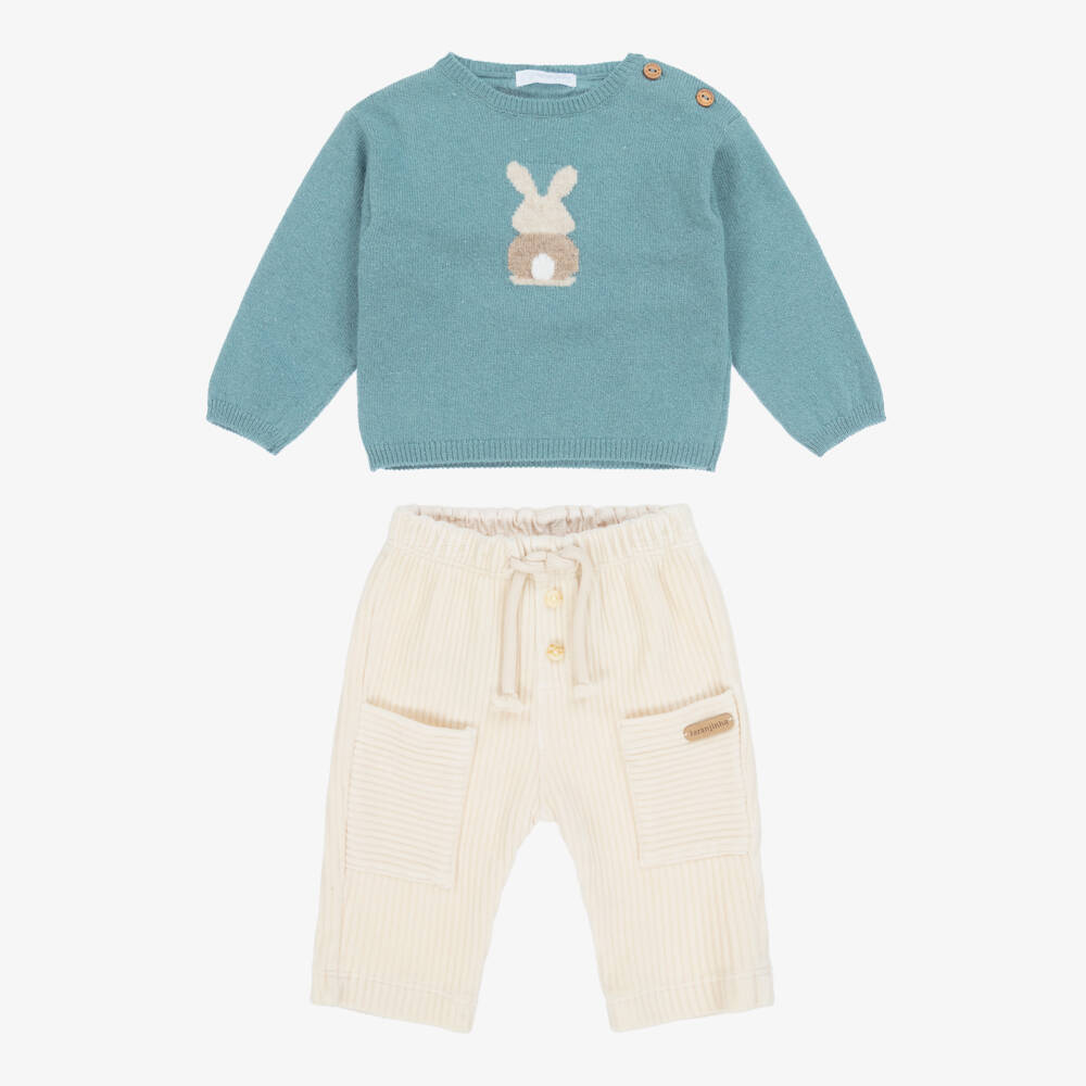 Laranjinha-Baby Boys Blue & Beige Velour Trousers Set | Childrensalon Outlet