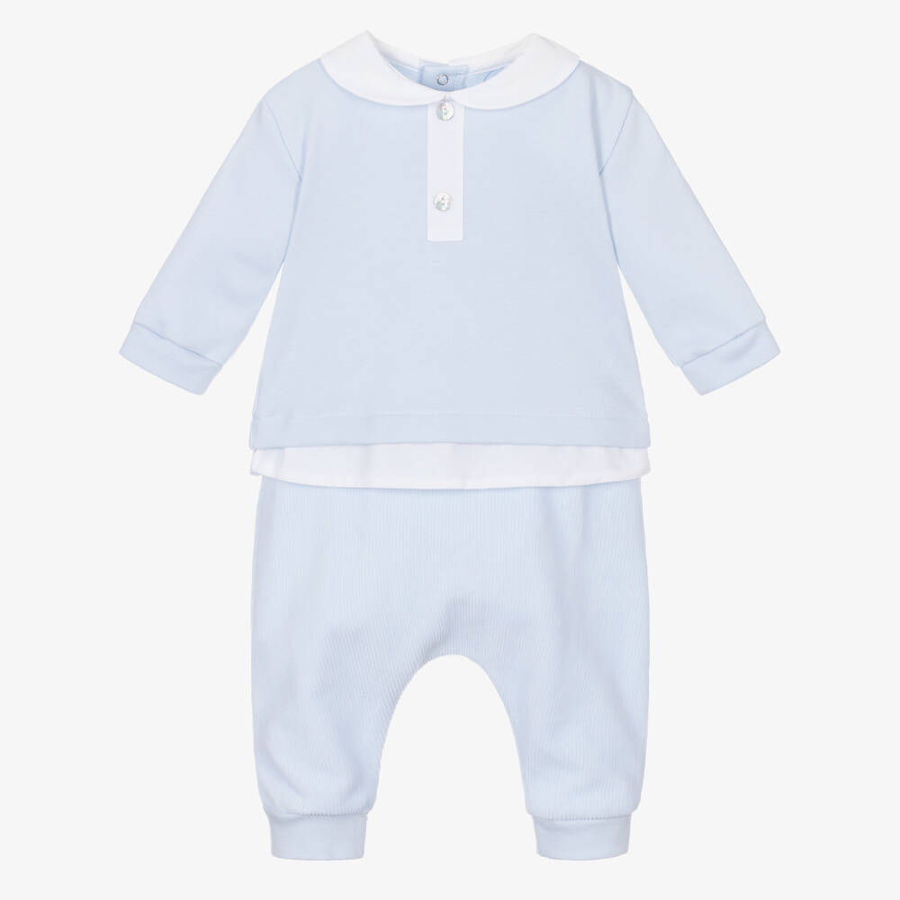 Laranjinha - Baby Boys Blue Cotton Trouser Set | Childrensalon