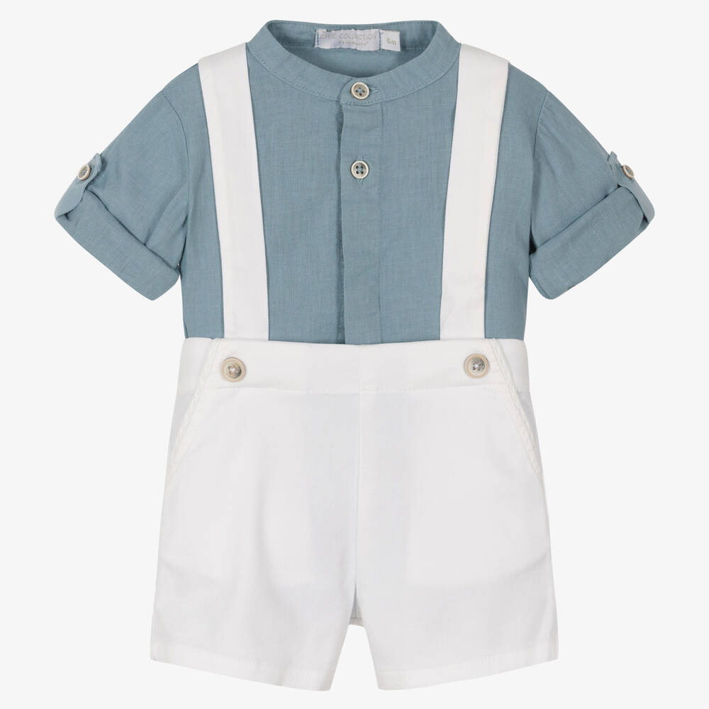 Laranjinha - طقم شورت وقميص قطن وكتان لون أبيض وأزرق | Childrensalon