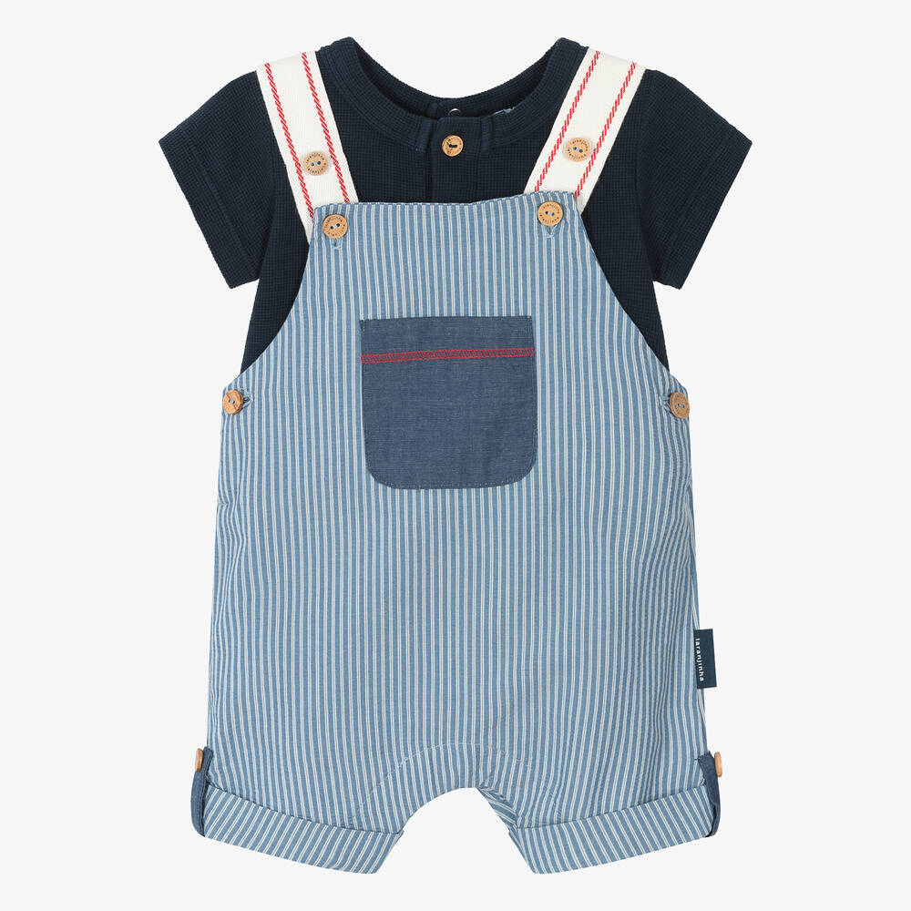 Laranjinha-Baby Boys Blue Striped Cotton Dungaree Set | Childrensalon Outlet
