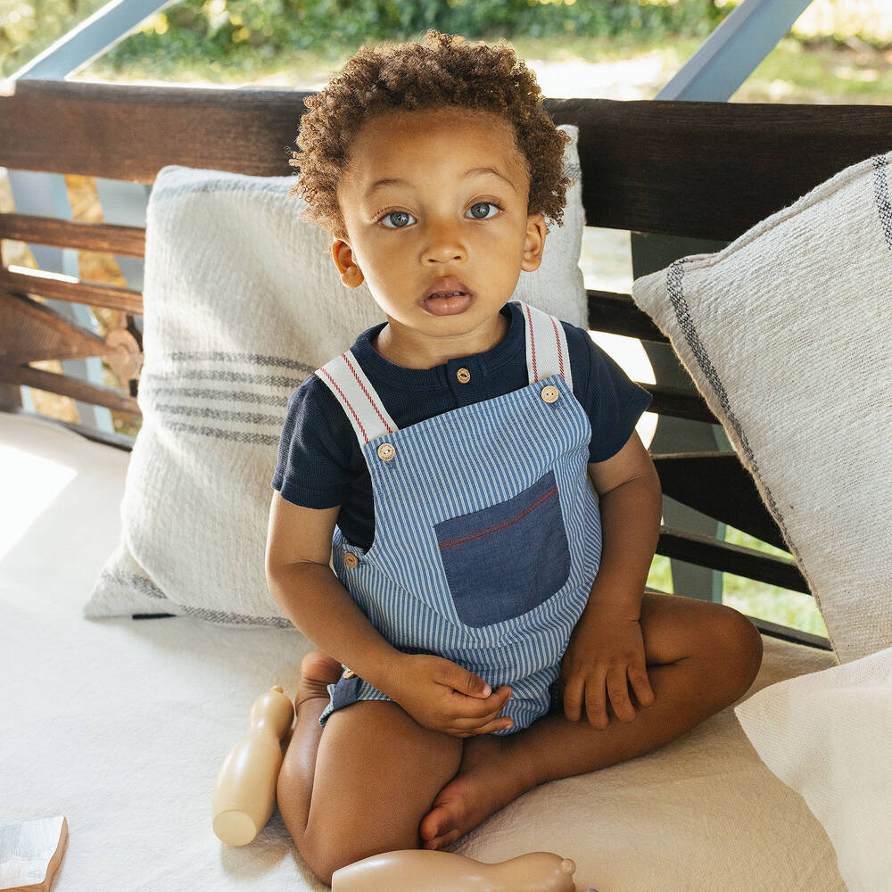 Laranjinha-طقم دانغري قطن مقلم لون أزرق وأبيض للمواليد | Childrensalon Outlet