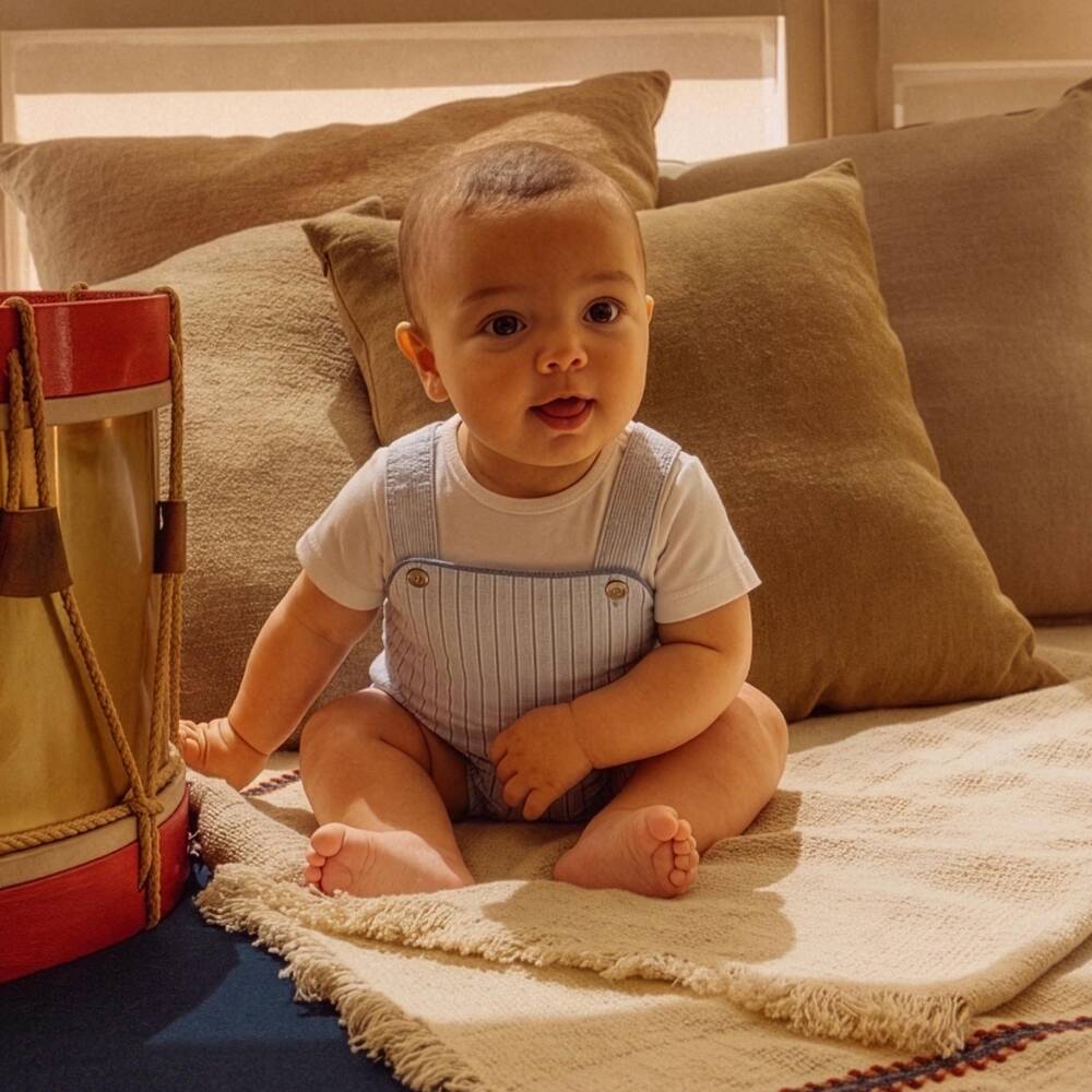Laranjinha-Baby Boys Blue Striped Cotton Dungaree Shortie | Childrensalon Outlet
