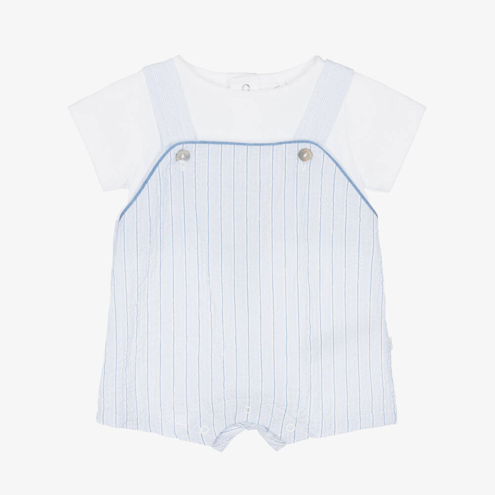 Laranjinha-Baby Boys Blue Striped Cotton Dungaree Shortie | Childrensalon Outlet