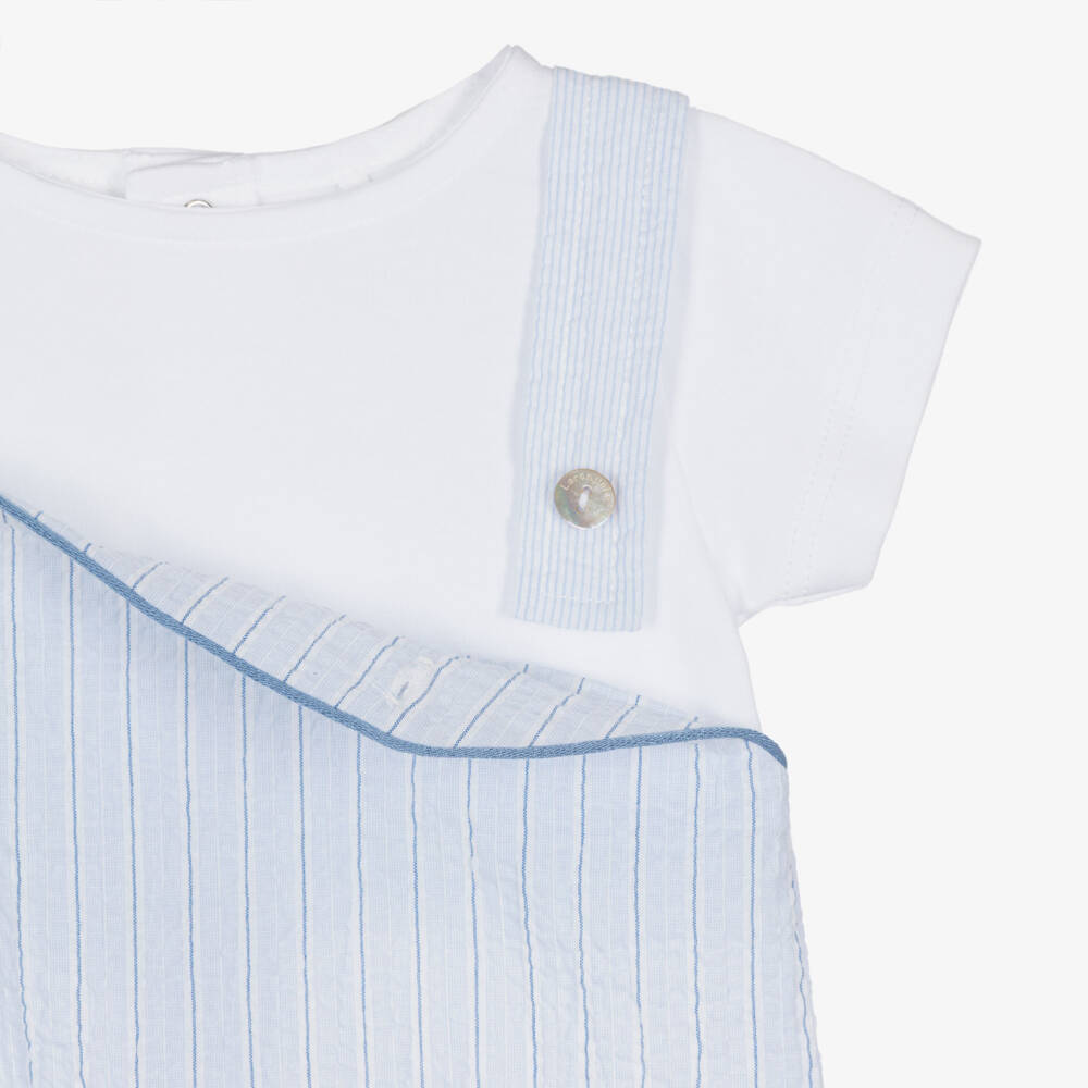 Laranjinha-Baby Boys Blue Striped Cotton Dungaree Shortie | Childrensalon Outlet