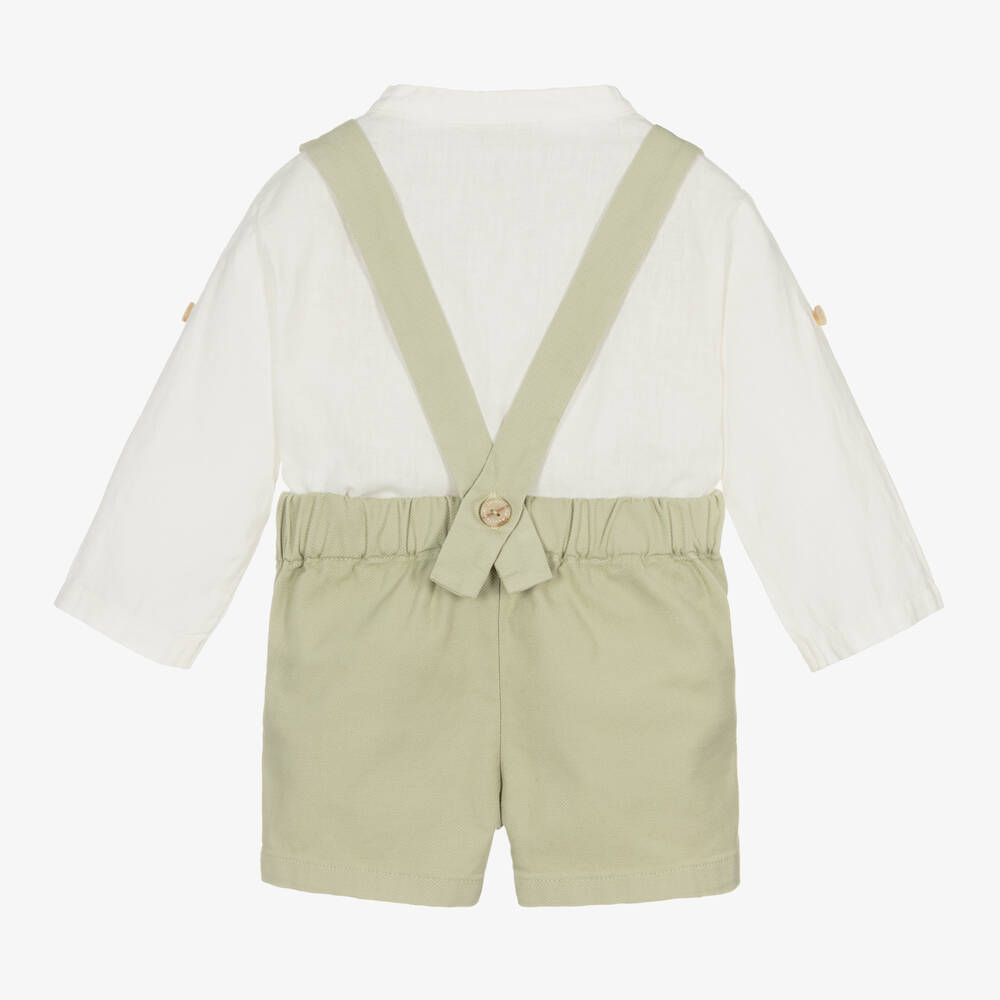 لارانجينا-طقم شورت قطن وكتان لون أخضر وعاجي للمواليد | Childrensalon Outlet