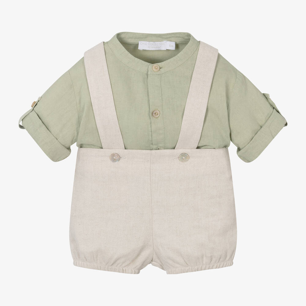 Laranjinha-Baby Boys Green & Beige Linen Shorts Set | Childrensalon Outlet