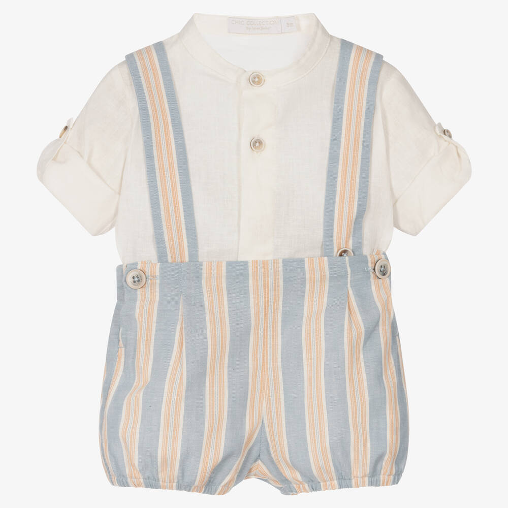 Laranjinha - Baby Boys Ivory & Blue Striped Shorts Set | Childrensalon