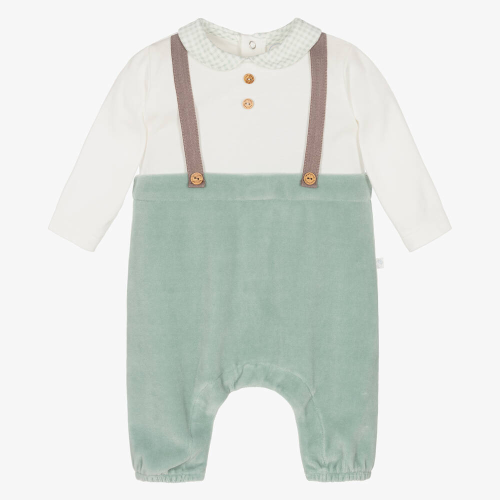 Laranjinha - Baby Boys Ivory & Green Velour Romper | Childrensalon