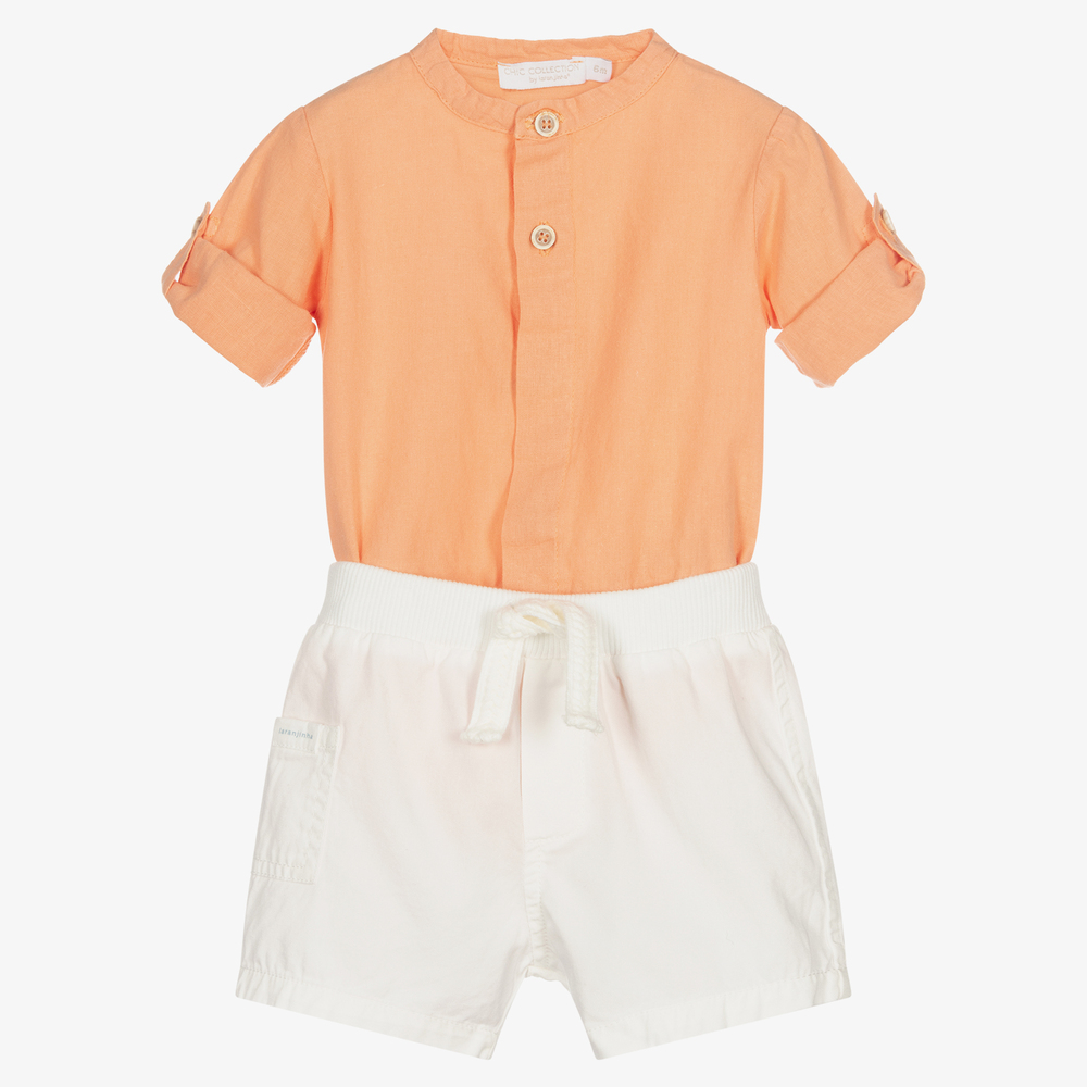 Chic by Laranjinha - طقم شورت وقميص مزيج قطن لون أبيض وبرتقالي للمواليد | Childrensalon