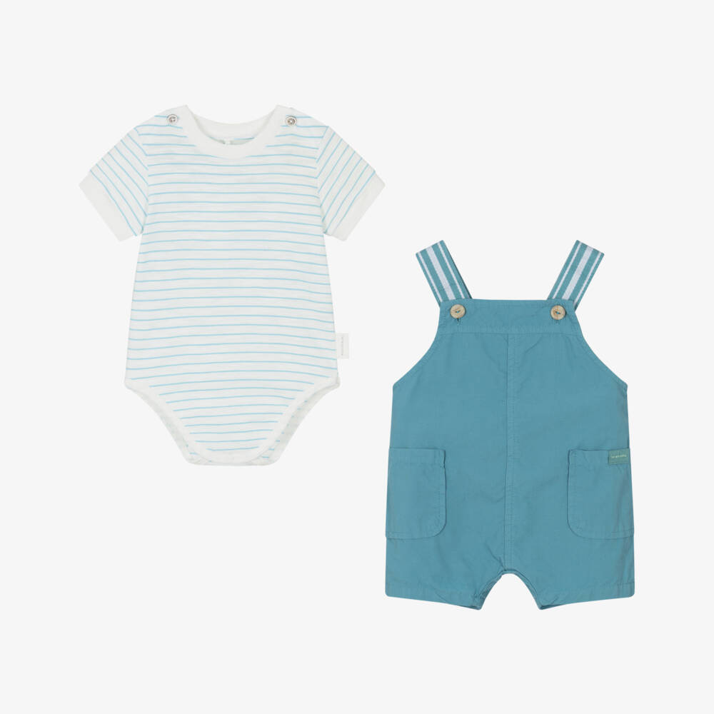 Laranjinha-Baby Boys Teal Blue Cotton Dungaree Shorts Set | Childrensalon Outlet