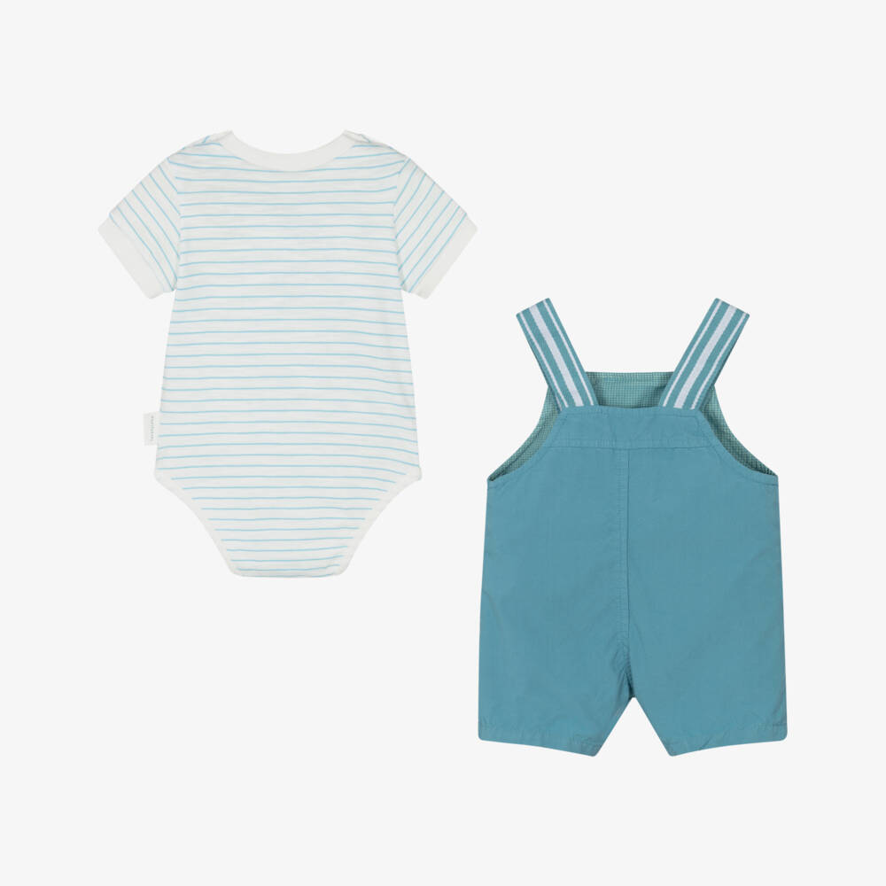 Laranjinha-Baby Boys Teal Blue Cotton Dungaree Shorts Set | Childrensalon Outlet