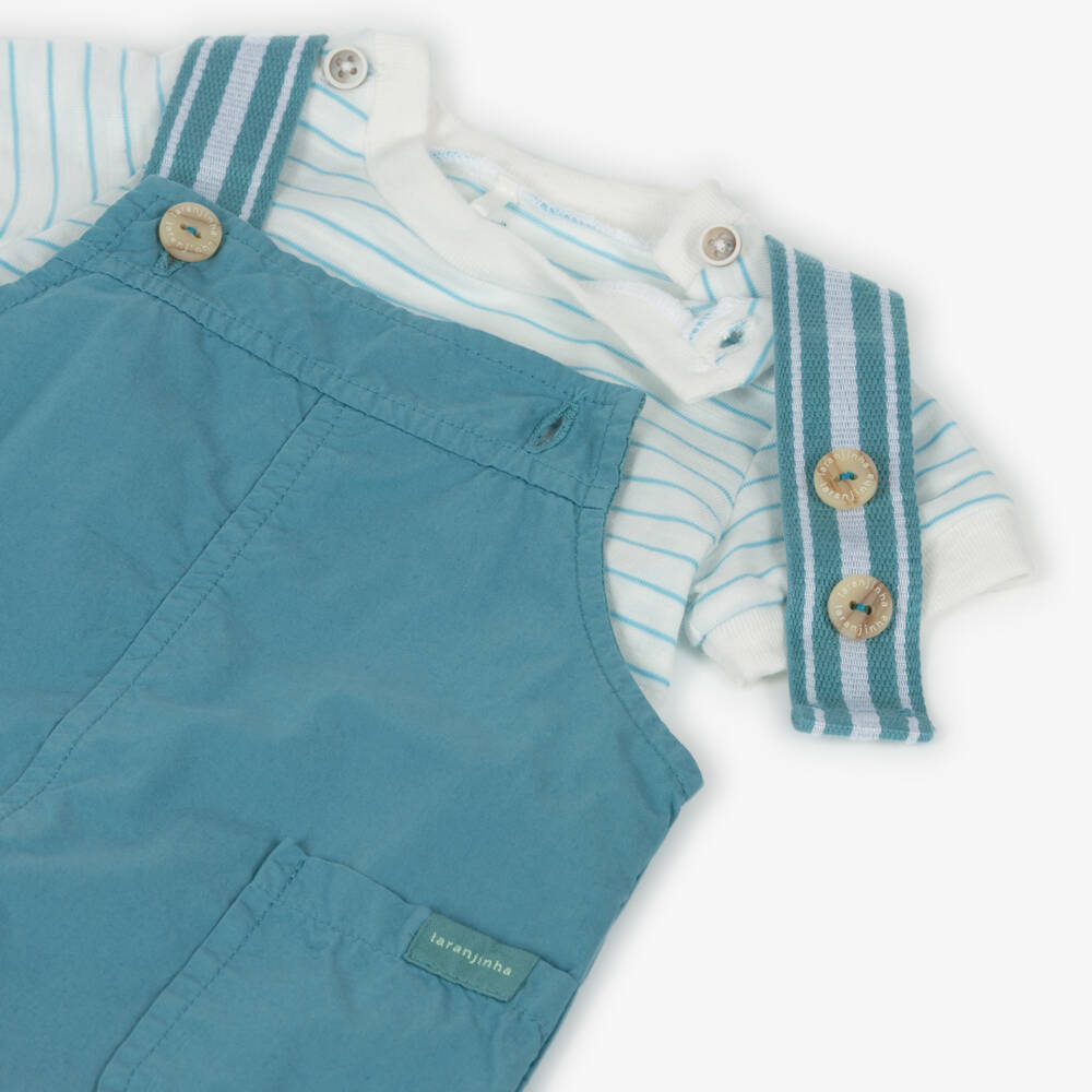Laranjinha-Baby Boys Teal Blue Cotton Dungaree Shorts Set | Childrensalon Outlet