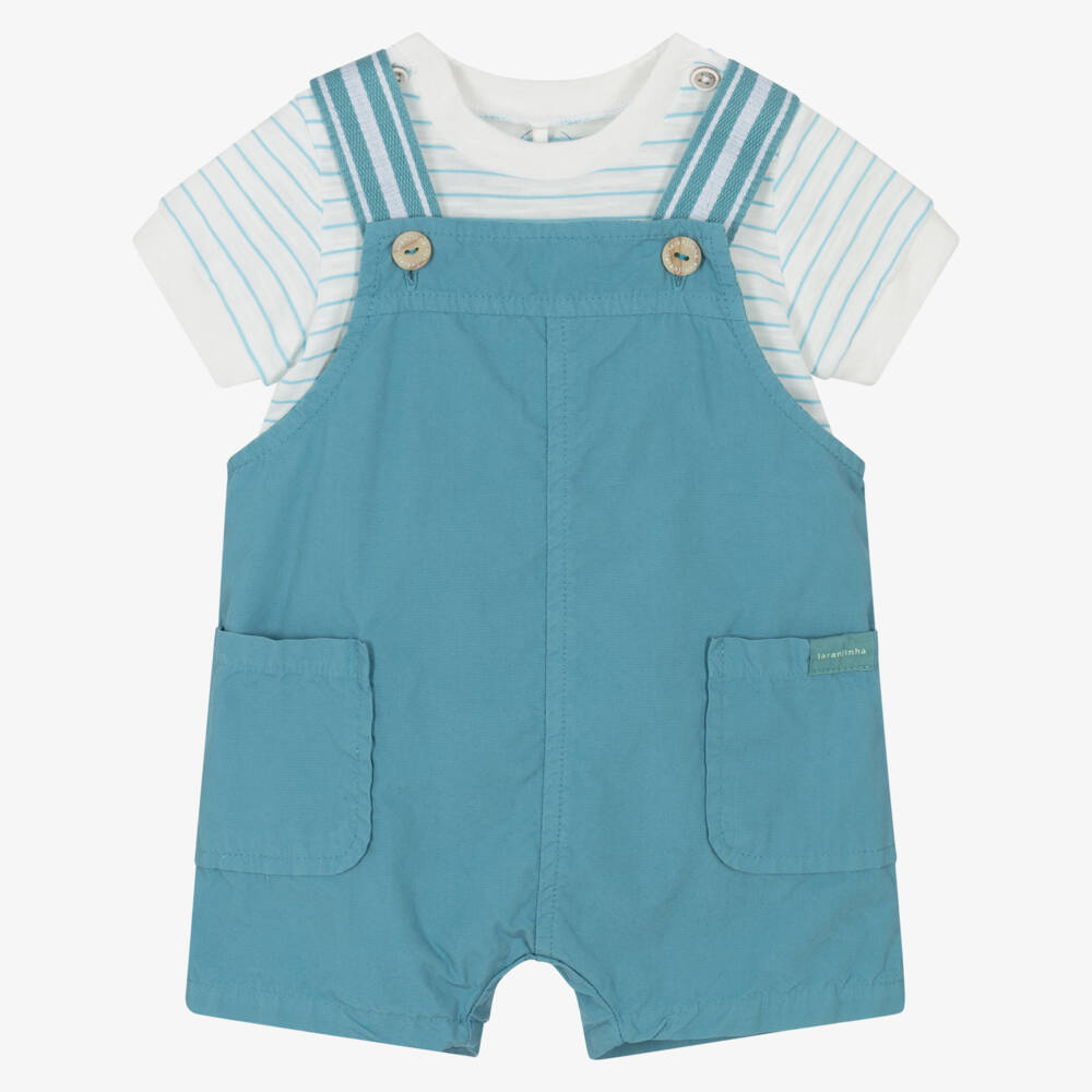 Laranjinha-Baby Boys Teal Blue Cotton Dungaree Shorts Set | Childrensalon Outlet