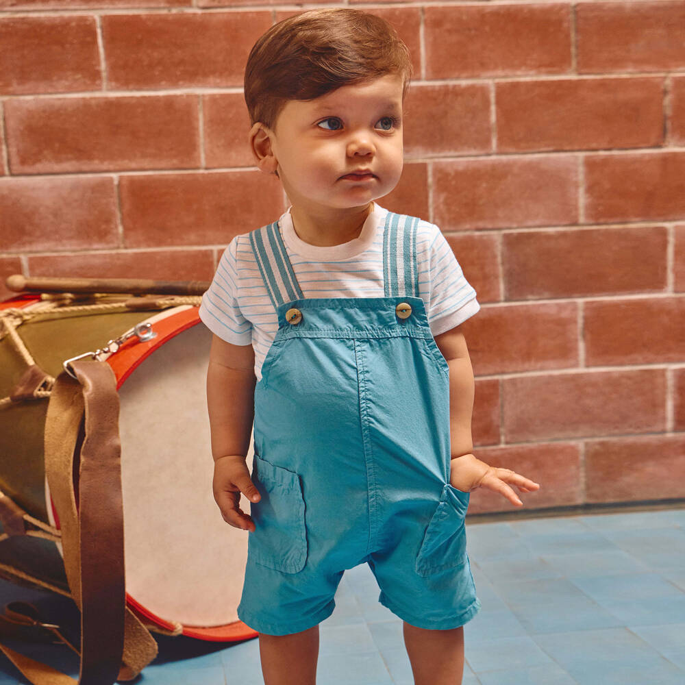 Laranjinha-Baby Boys Teal Blue Cotton Dungaree Shorts Set | Childrensalon Outlet