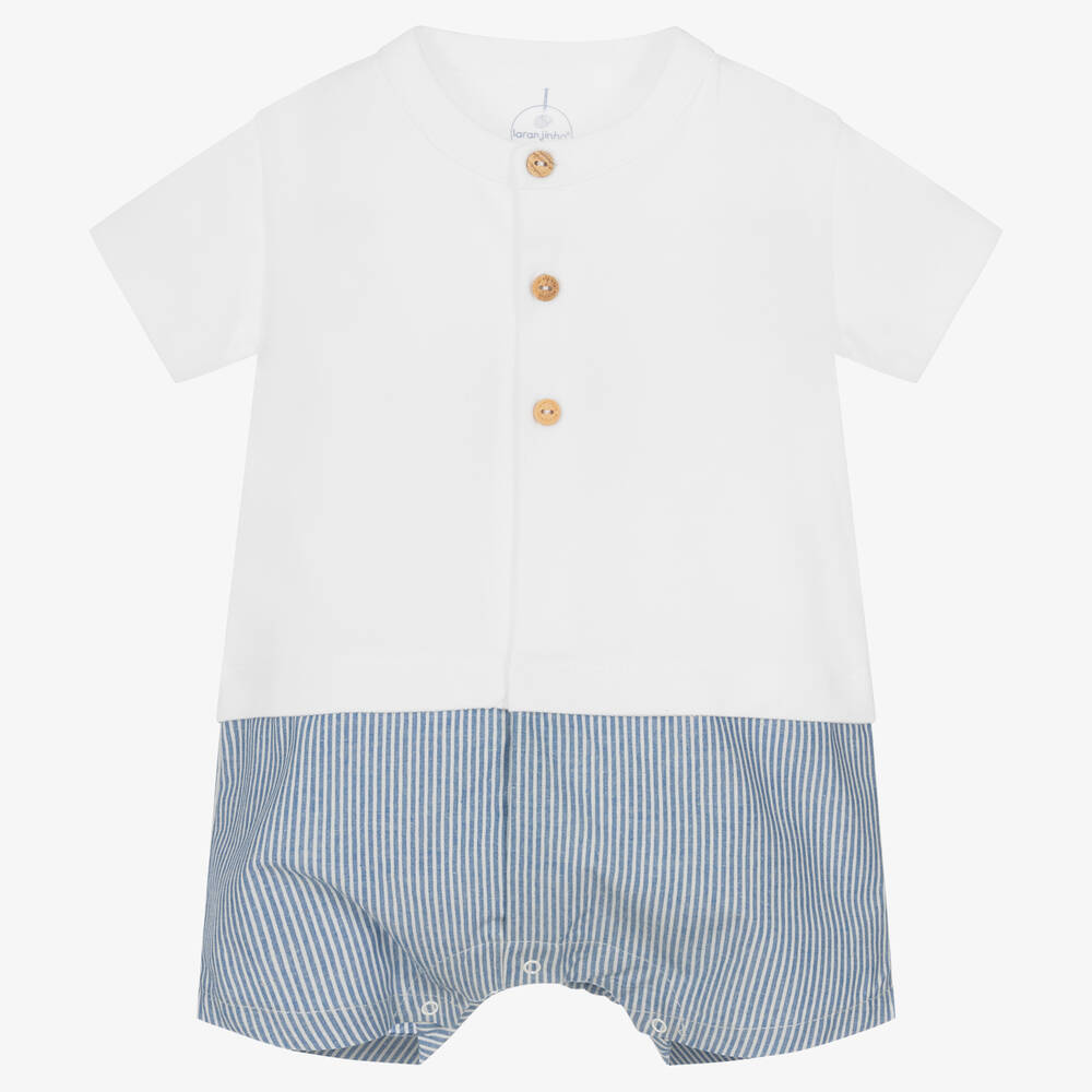 Laranjinha - Baby Boys White & Blue Cotton Shortie | Childrensalon
