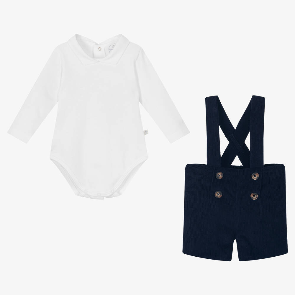 Laranjinha-Baby Boys White & Blue Cotton Shorts Set | Childrensalon Outlet