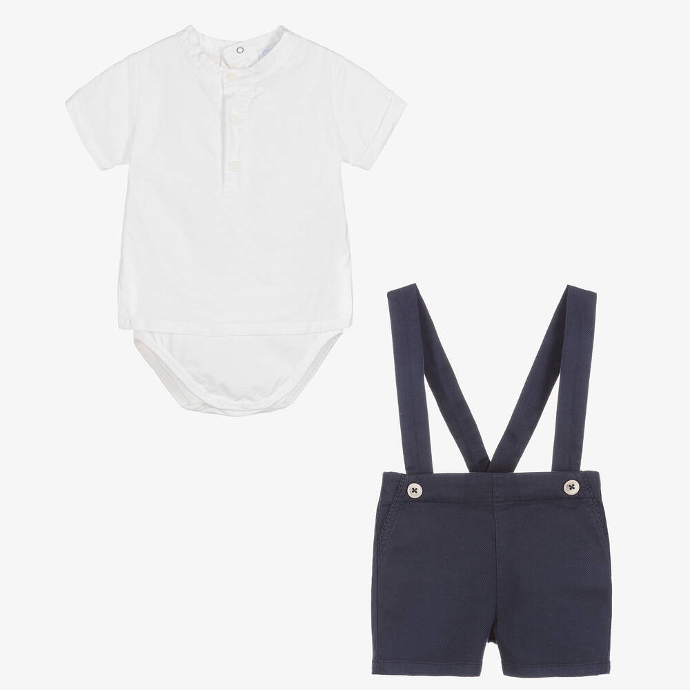 لارانجينا-طقم شورت قطن وكتان لون أبيض وكحلي للمواليد | Childrensalon Outlet