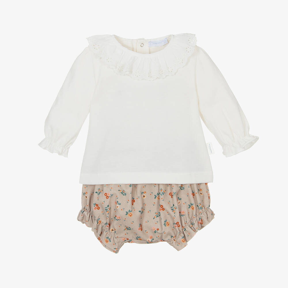 Laranjinha - Beiges geblümtes Cord-Shorts-Set | Childrensalon