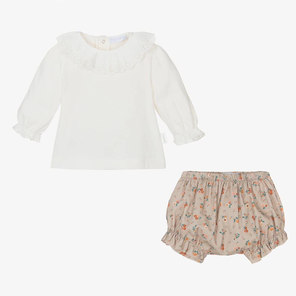 Laranjinha-طقم شورت بطبعة ورود قطن كوردروي لون بيج وعاجي | Childrensalon Outlet