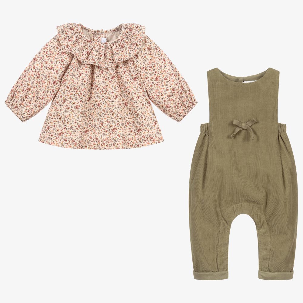 Laranjinha-Baby Girls Green Dungaree Set | Childrensalon Outlet