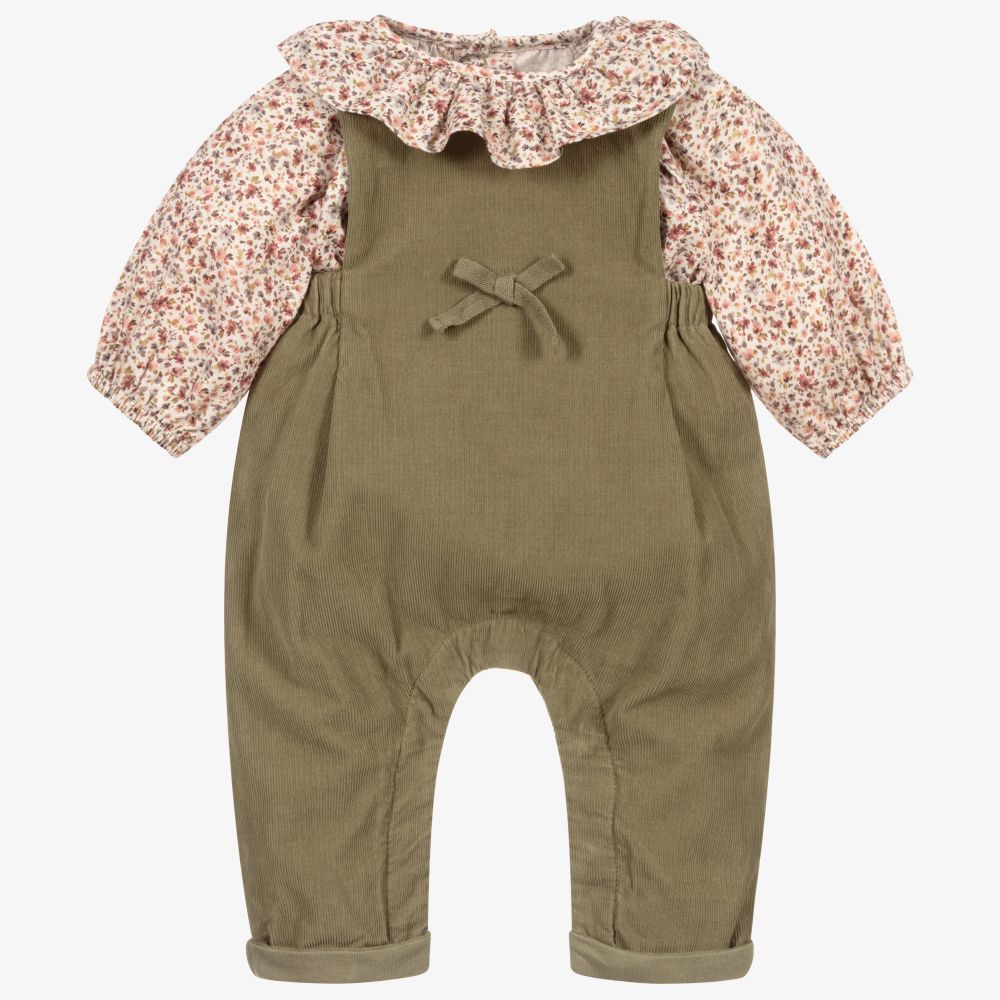 Laranjinha - Baby Girls Green Dungaree Set | Childrensalon