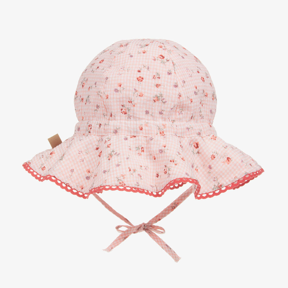 Laranjinha-Baby Girls Pink Check & Floral Sun Hat | Childrensalon Outlet