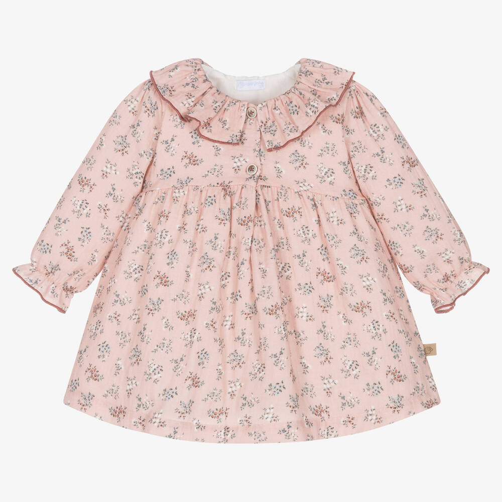 Laranjinha - Kleid aus Baumwolle für Babys (Mädchen) mit rosa Blumenmuster | Childrensalon