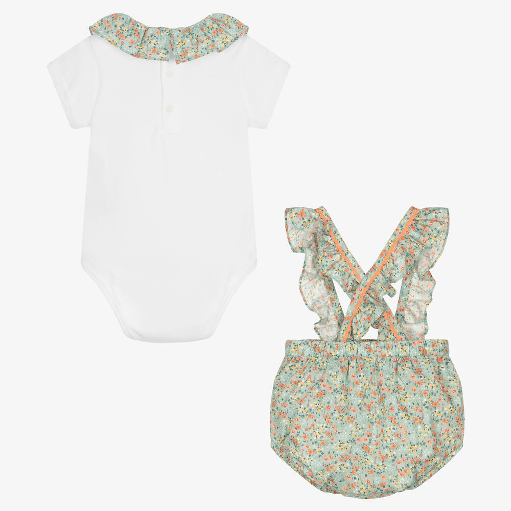 Laranjinha-طقم شورت قطن لون أخضر أكوا وأبيض للمولودات | Childrensalon Outlet