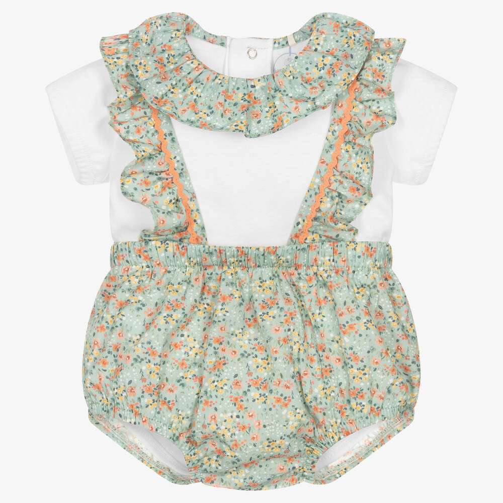 Laranjinha - Baby Girls White & Aqua Green Shorts Set | Childrensalon