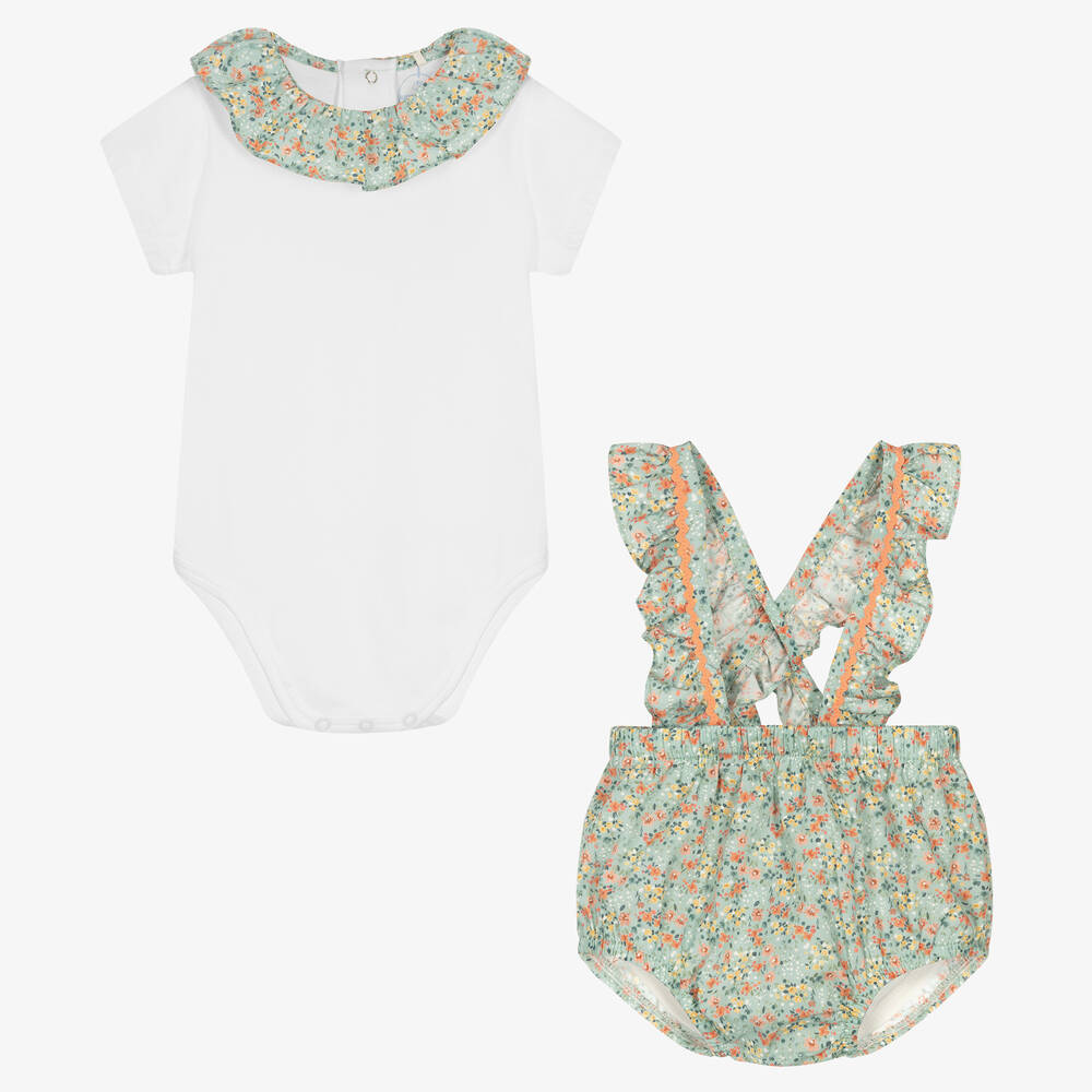 Laranjinha-طقم شورت قطن لون أخضر أكوا وأبيض للمولودات | Childrensalon Outlet
