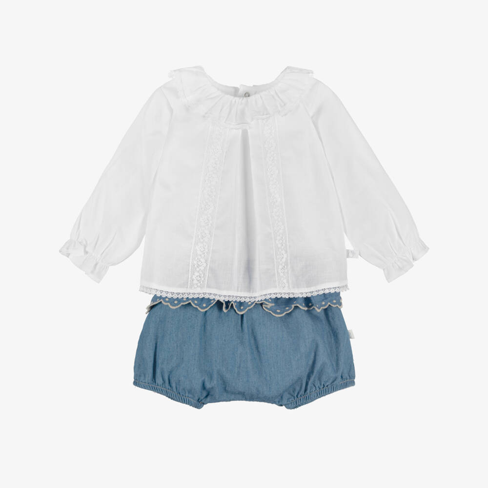 Laranjinha-Baby Girls White & Blue Chambray Shorts Set | Childrensalon Outlet
