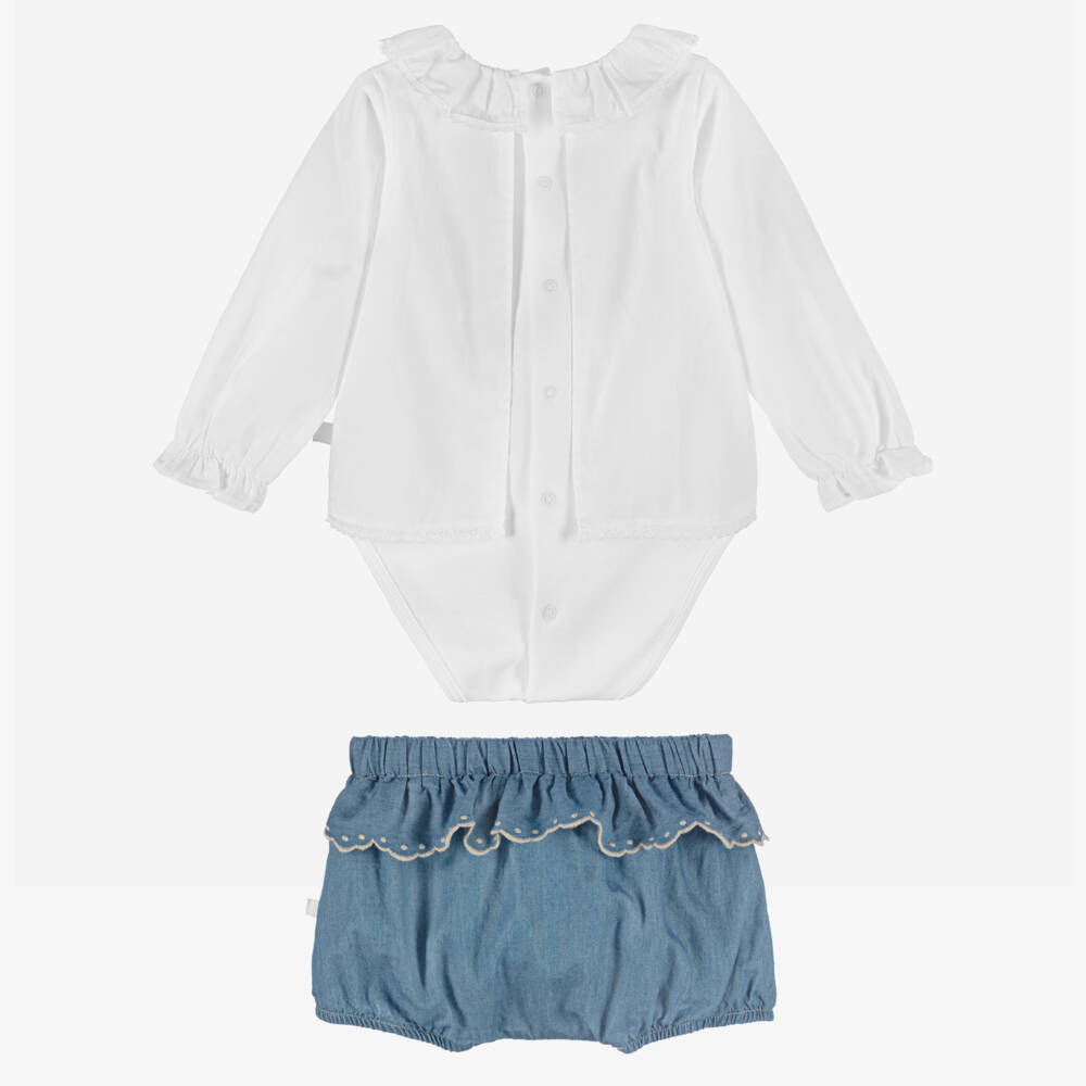 Laranjinha-Baby Girls White & Blue Chambray Shorts Set | Childrensalon Outlet