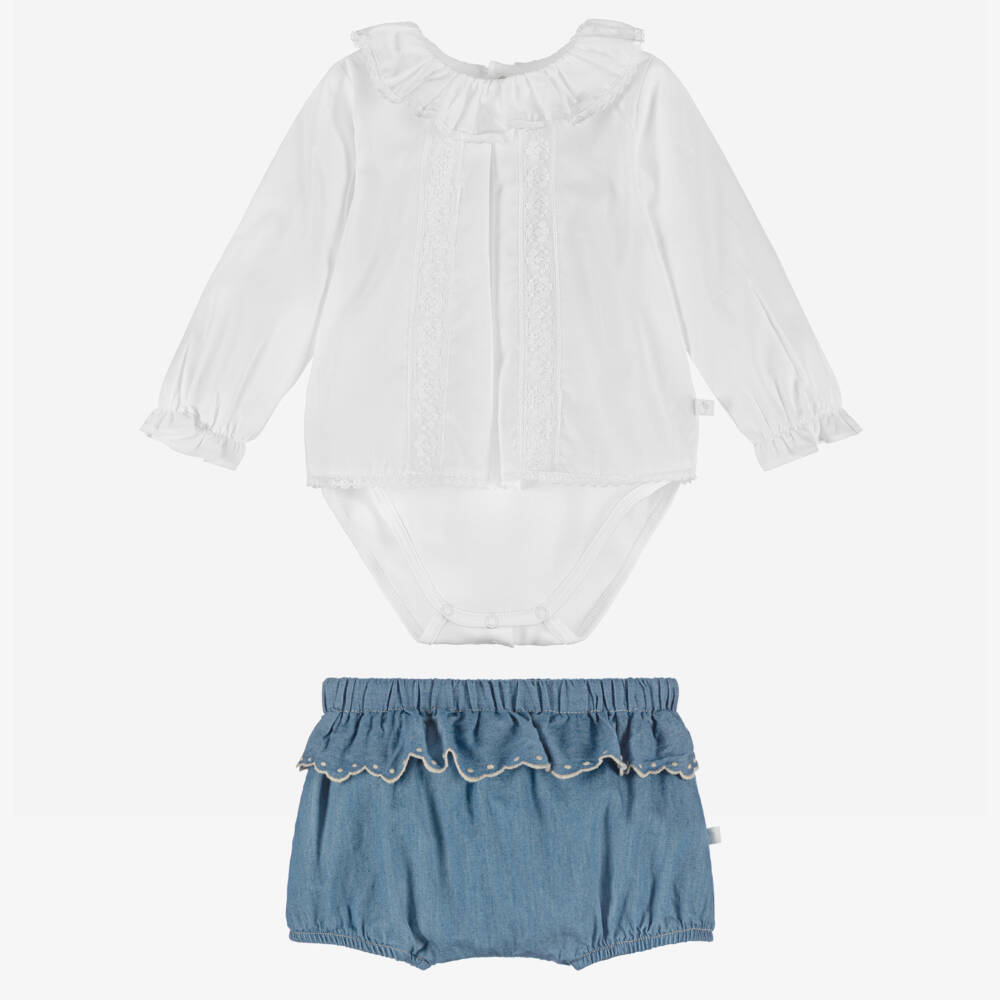 Laranjinha-Baby Girls White & Blue Chambray Shorts Set | Childrensalon Outlet
