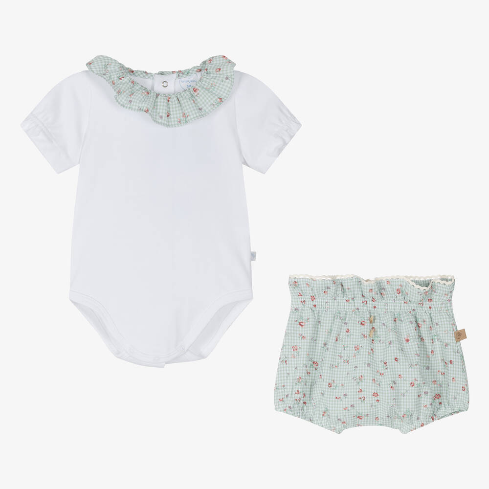 Laranjinha-طقم شورت قطن لون أبيض وأخضر للمولودات | Childrensalon Outlet