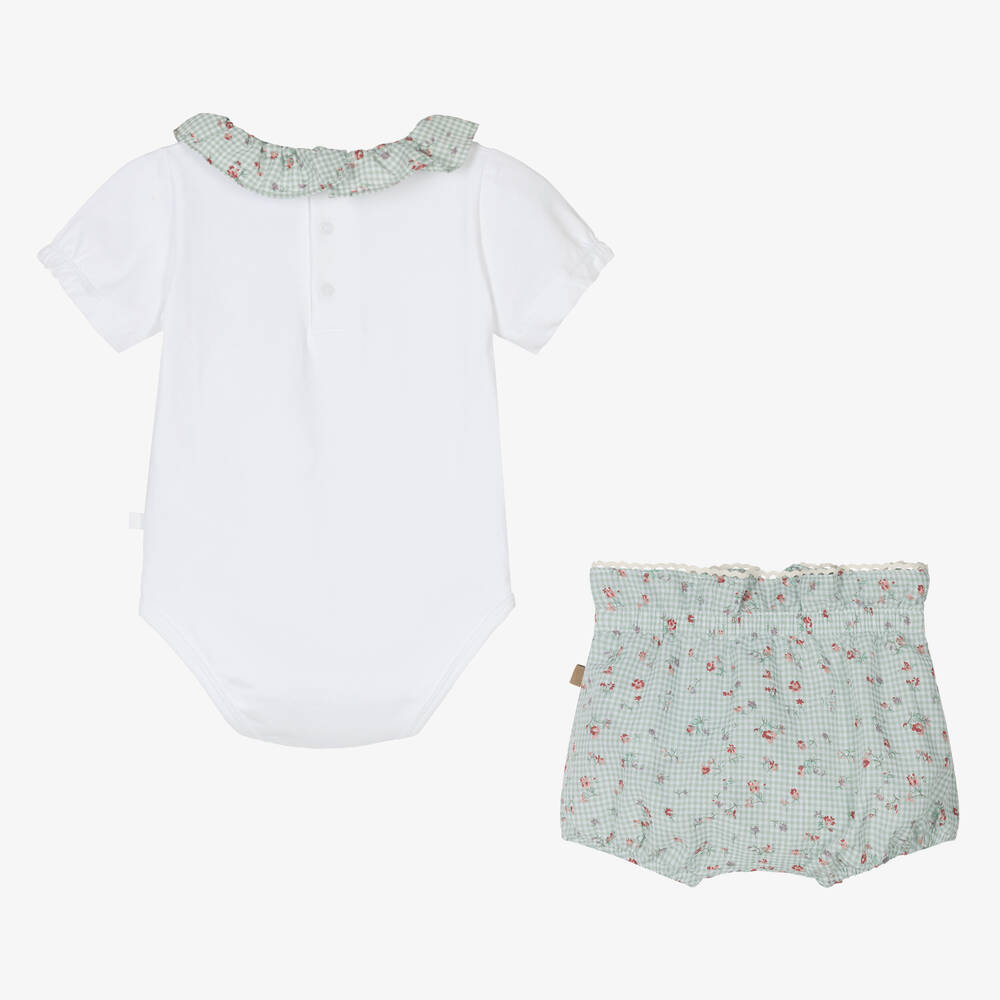 Laranjinha-طقم شورت قطن لون أبيض وأخضر للمولودات | Childrensalon Outlet