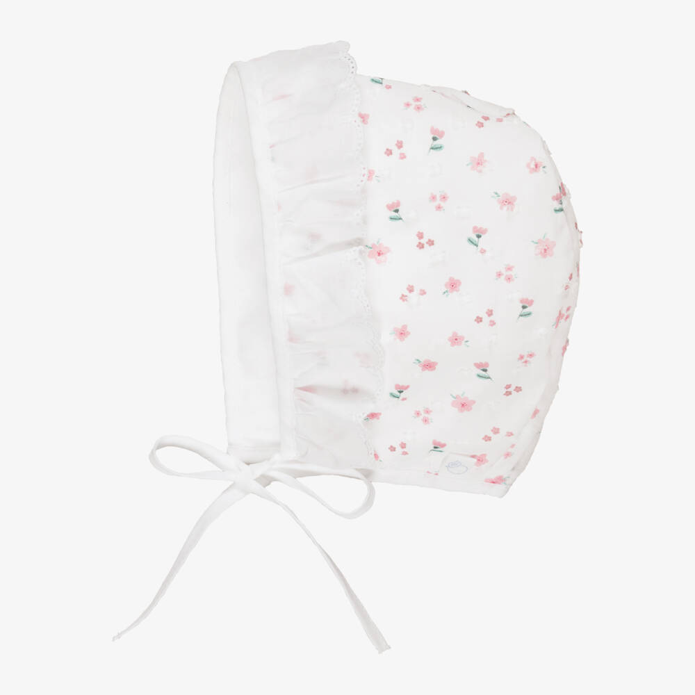 Laranjinha-Baby Girls White Floral Cotton Bonnet | Childrensalon Outlet