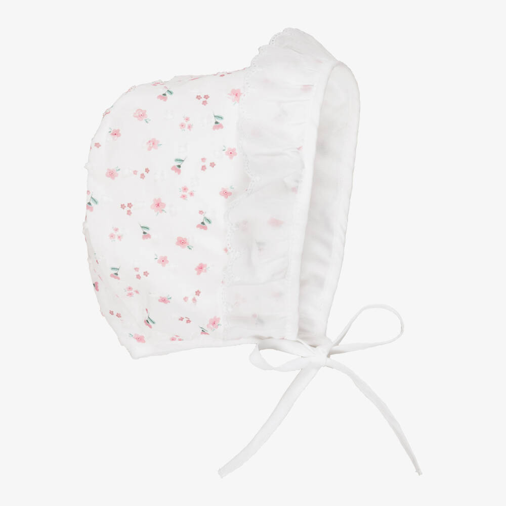 Laranjinha-Baby Girls White Floral Cotton Bonnet | Childrensalon Outlet
