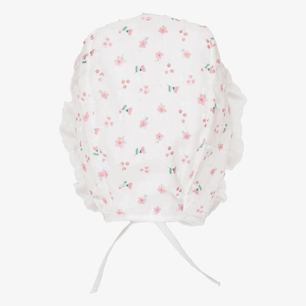 Laranjinha-Baby Girls White Floral Cotton Bonnet | Childrensalon Outlet