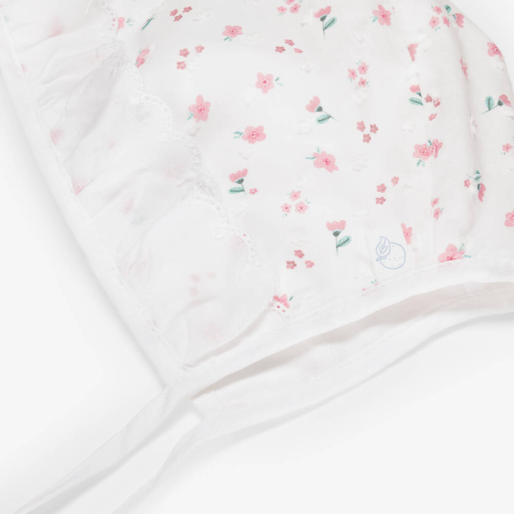 Laranjinha-Baby Girls White Floral Cotton Bonnet | Childrensalon Outlet