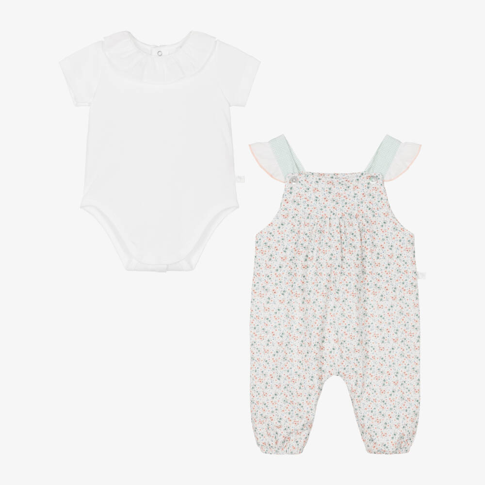 Laranjinha-Baby Girls White Floral Print Dungaree Set | Childrensalon Outlet