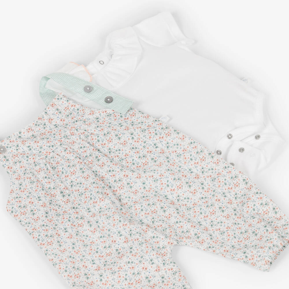 Laranjinha-Baby Girls White Floral Print Dungaree Set | Childrensalon Outlet