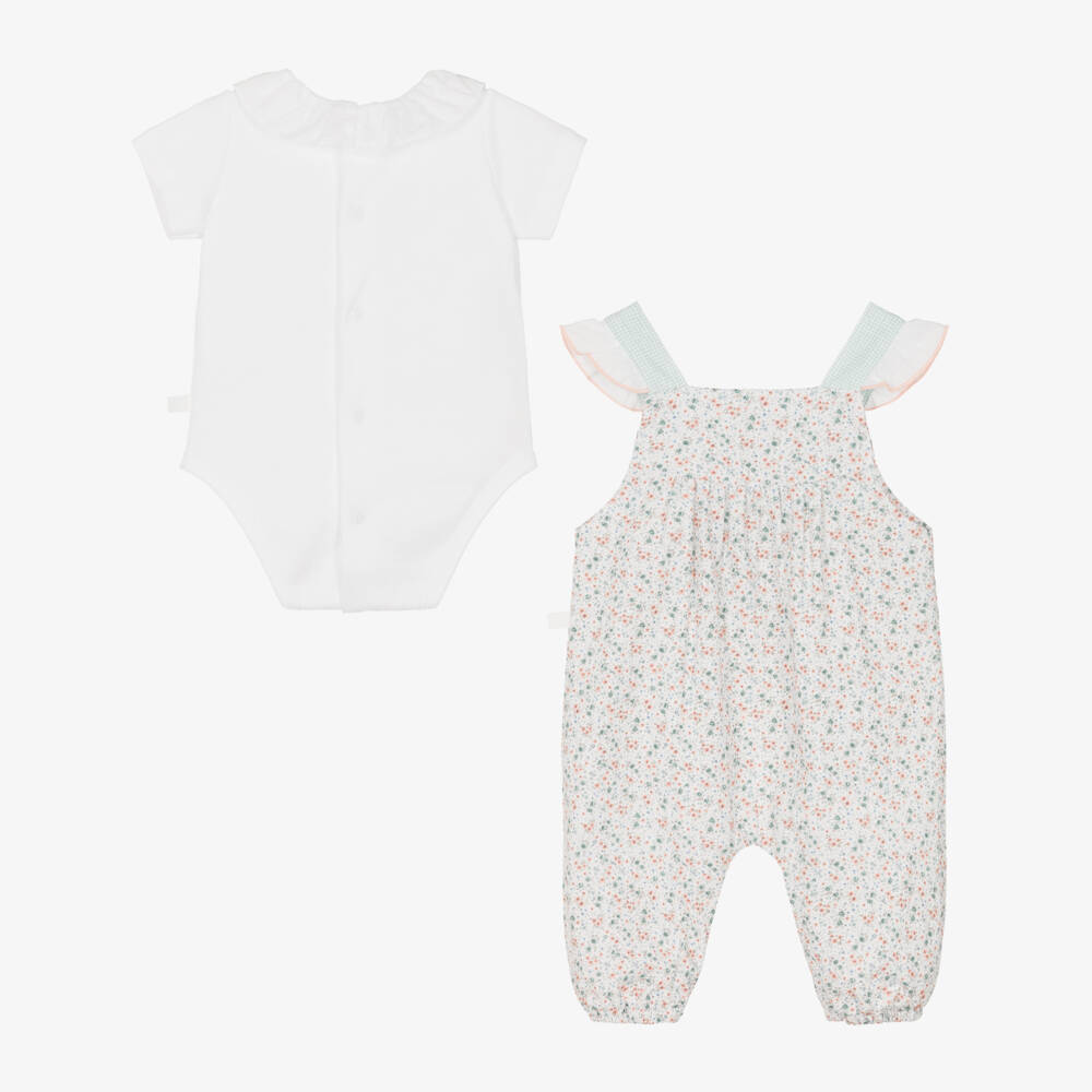 Laranjinha-Baby Girls White Floral Print Dungaree Set | Childrensalon Outlet